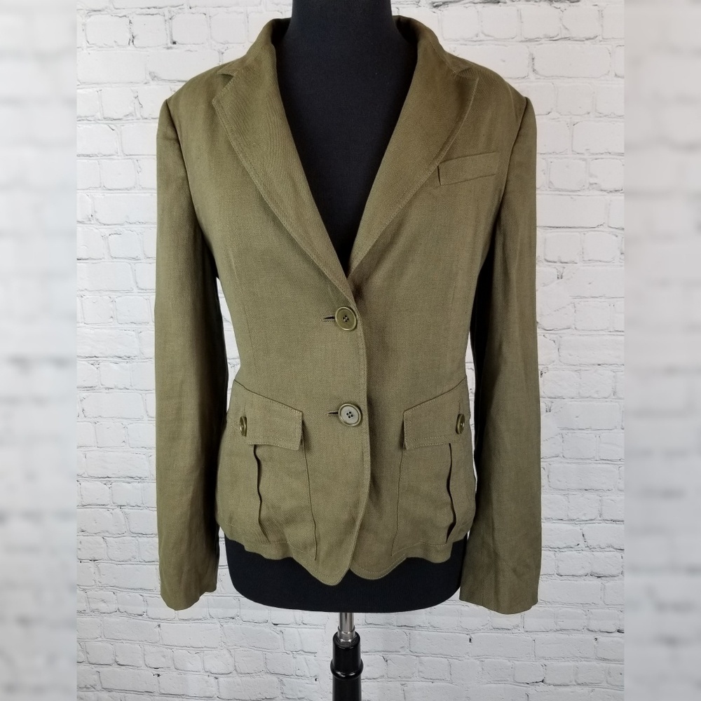 DKNY Olive Linen Front Button Blazer Size 10